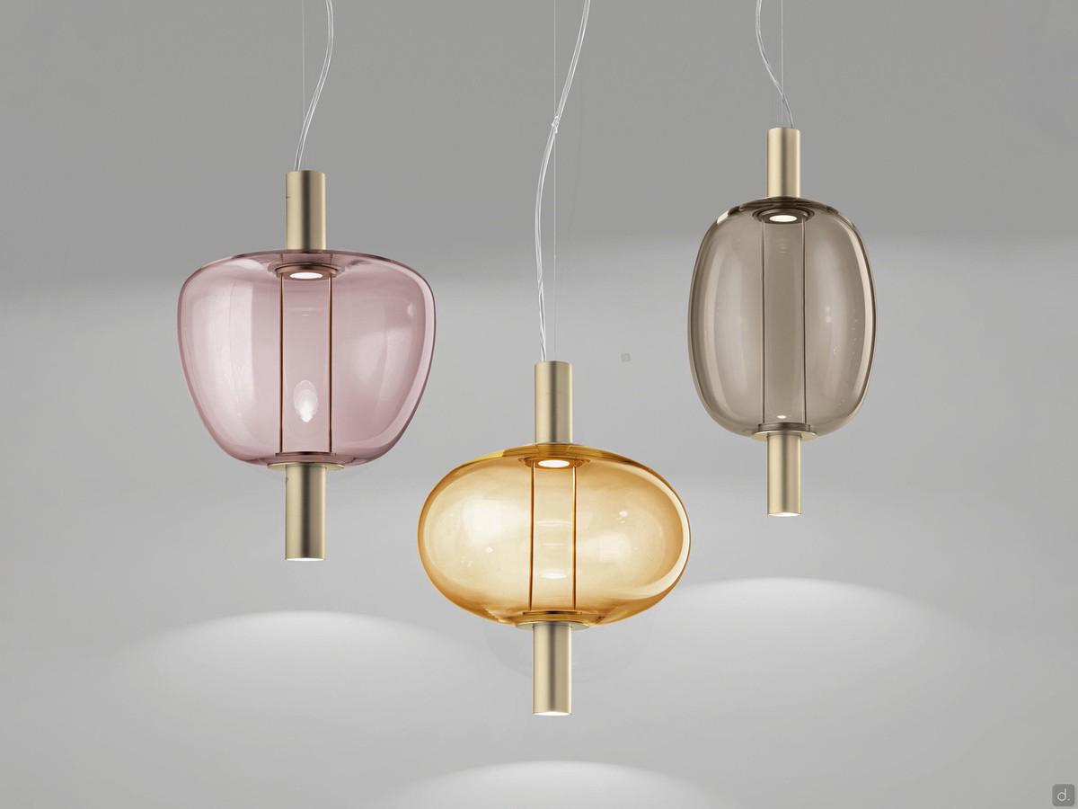 Pendant lamps Riflesso with diffusers in the three shapes in amethyst, amber and smoky colors (double-lighting version)