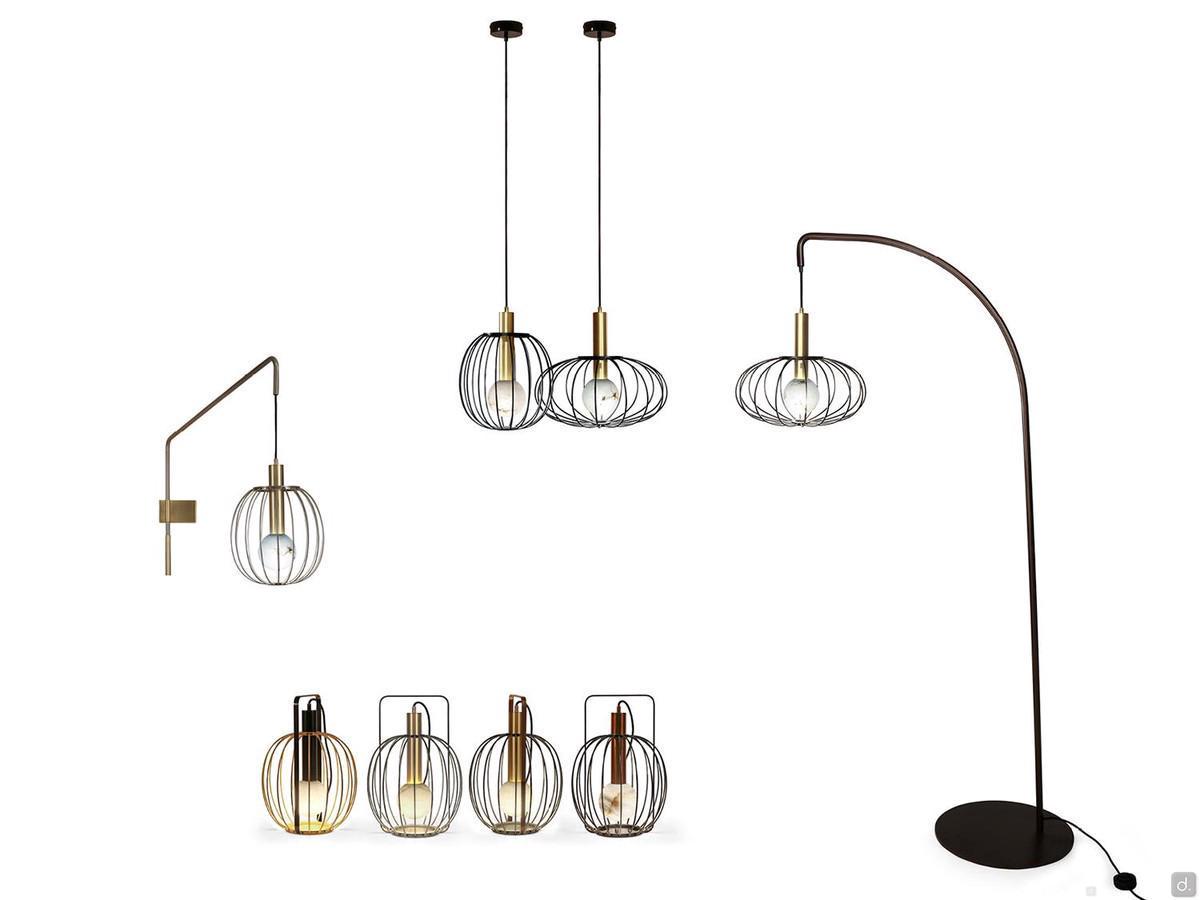 Eira metal cage lamp with diffuser, available as a table lamp, pendant lamp in two sizes, wall lamp and floor lamp.