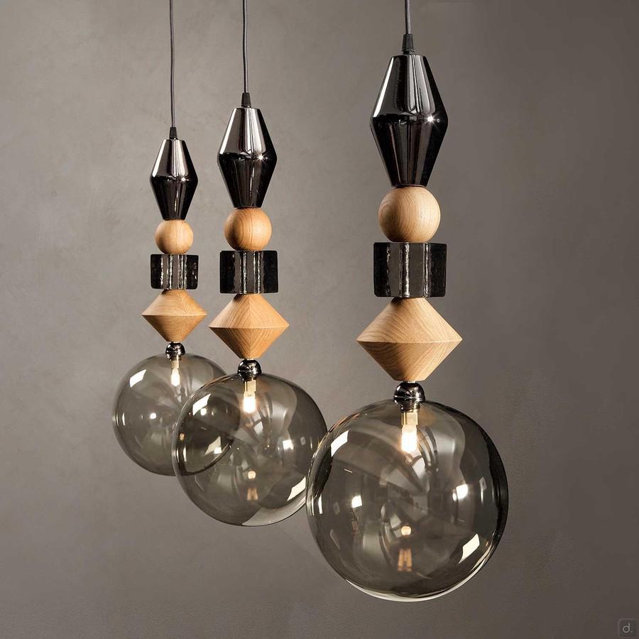 Pandora pendant lamp with wooden geometrical elements in natural oak wood veneer