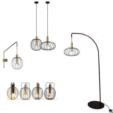 Eira metal cage lamp with diffuser, available as a table lamp, pendant lamp in two sizes, wall lamp and floor lamp.