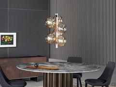 Bon Ton lamp by Bonaldo with six diffusers. The very narrow development in width makes it particularly suitable for central positioning above round tables