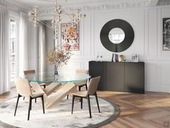 Round mirror Crop in a living room coordinated with Fado sideboard and Even table