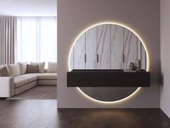 Julius made-to-measure wall mirror in the round version shaped to fit two Heritage wall-hung base units with caned fronts