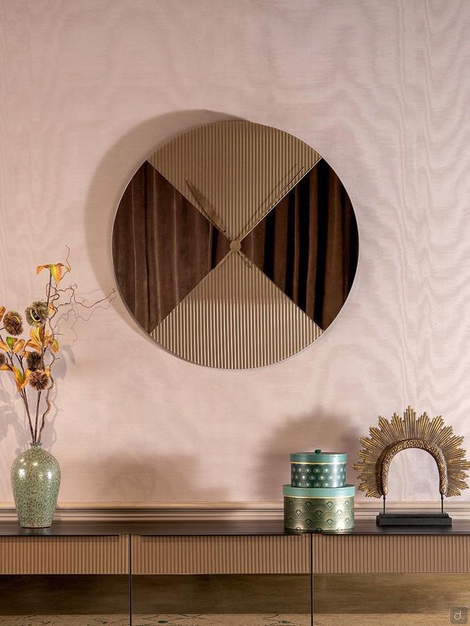 Era Ora Round Mirror Clock with Ribbed Glass Inlay, Gold Hands and Bronze Finish.