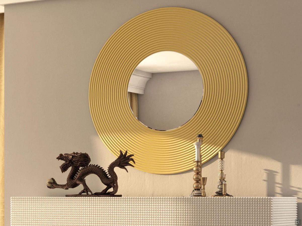 Round mirror with decorative engravings Crop in Gold Leaf finish, with central mirror element