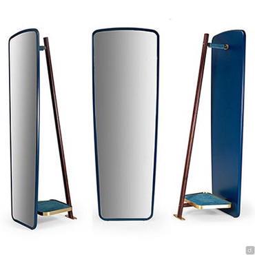 Free standing hanging mirror Narvik with solid wood frame, brass details and fabric-covered parts