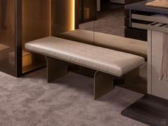 Selma designer upholstered bench in the single colour fabric Reed with metal legs painted in Sand Gold