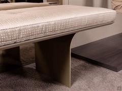 Details of the seat of the Selma bench in the elegant, sophisticated fabric Reed