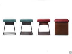 Couple of Calvin pouffe stools with open and closed metal strcutures and cushions upholstered in different colour leathers