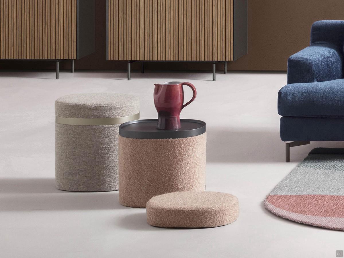 Storage pouf with tray in both colours available: Moka Shine and Nickel