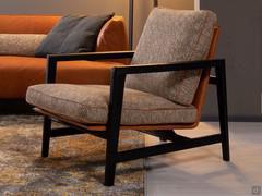 Halley Outlet low solid wood armchair upholstered in Sullivan 604-009 fabric with Tuscania leather piping col. 20