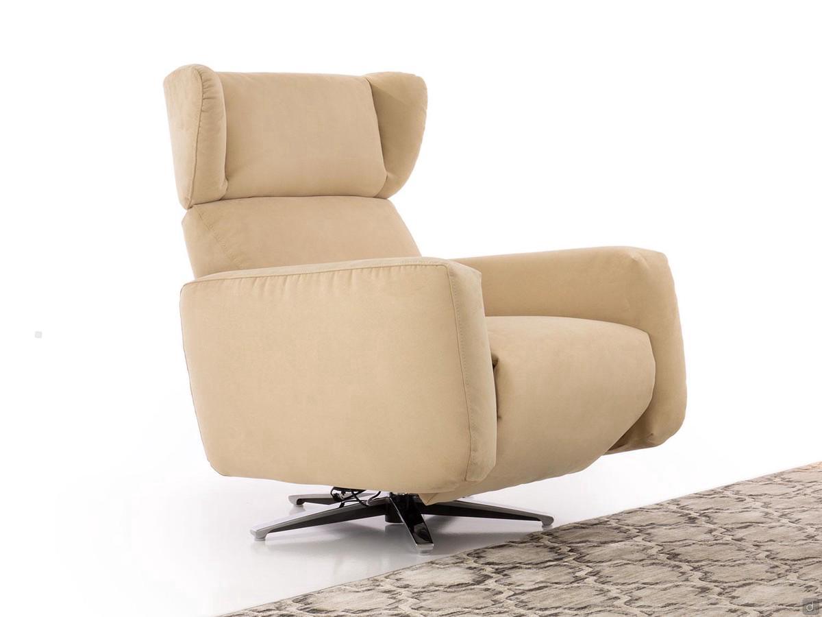 Iris outlet upholstered swivel relax armchair in fabric with polished chrome base