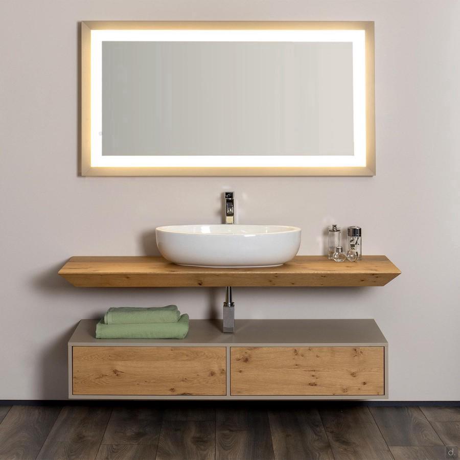 Kyoto outlet suspended bathroom furniture including wooden shelf and lacquered base with wooden fronts, mirror and ceramic washbasin.