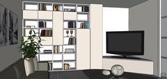 3D Living room design - bookcase view and tv base