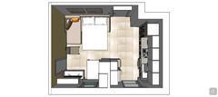 3D Open Space design - top view - furniture distribution (open sofa bed)