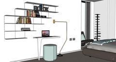 3D Bedroom Design - detail view of desk and bookcase