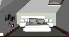 3D Bedroom Design - front view bed with wood paneling