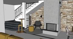 3D Open Space design - view of relaxation area and central fireplace