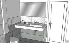 Bathroom design project with big shelf and wall-mounted columns - view of the big shelf