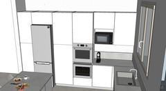 Project for kitchen with peninsula - view columns and free-standing refrigerator