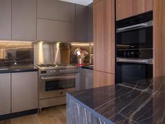 Kitchen with stainless steel stove block, in "American style"