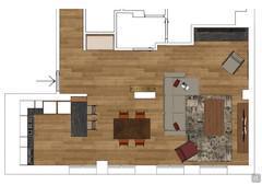 Floor plan with top view of the 60-sqm open plan living area