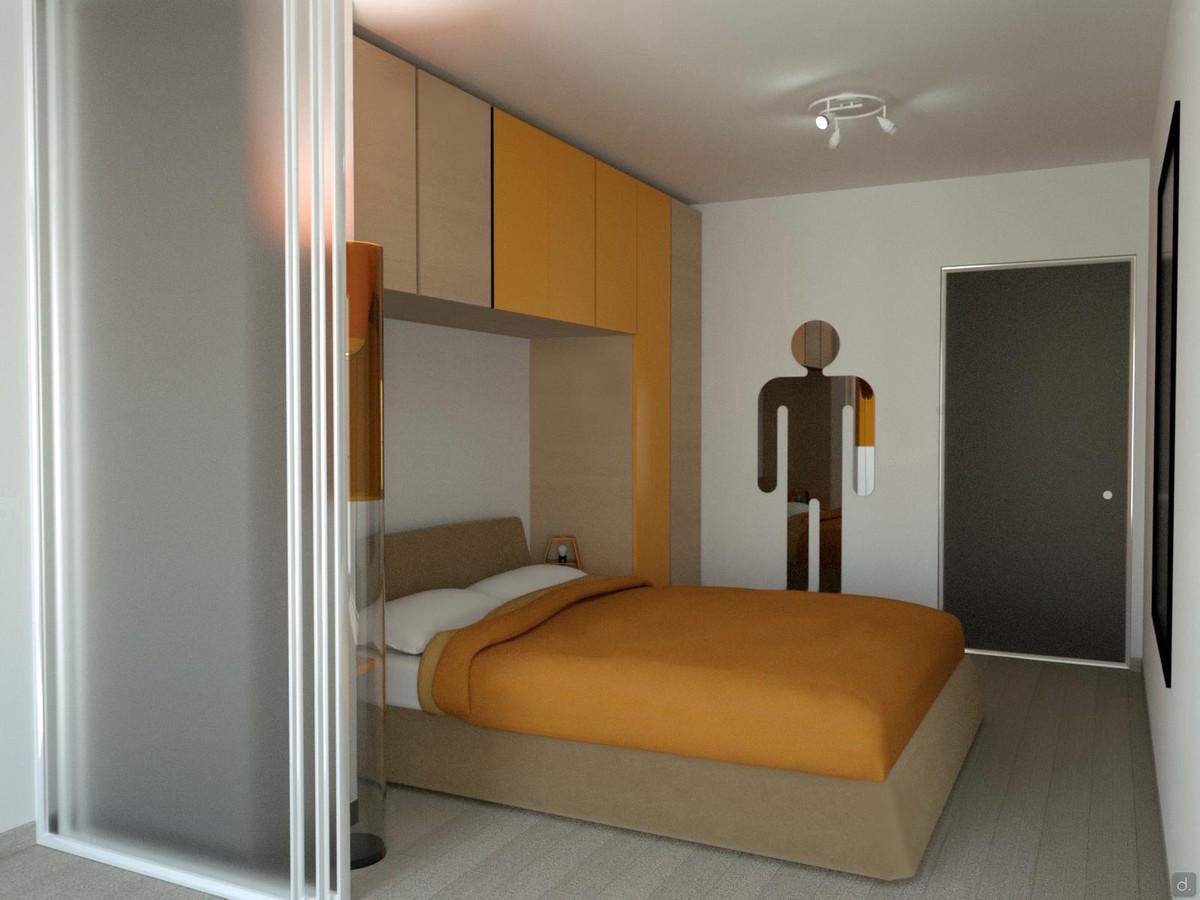 Design of a room with a bridge bed and closet - render