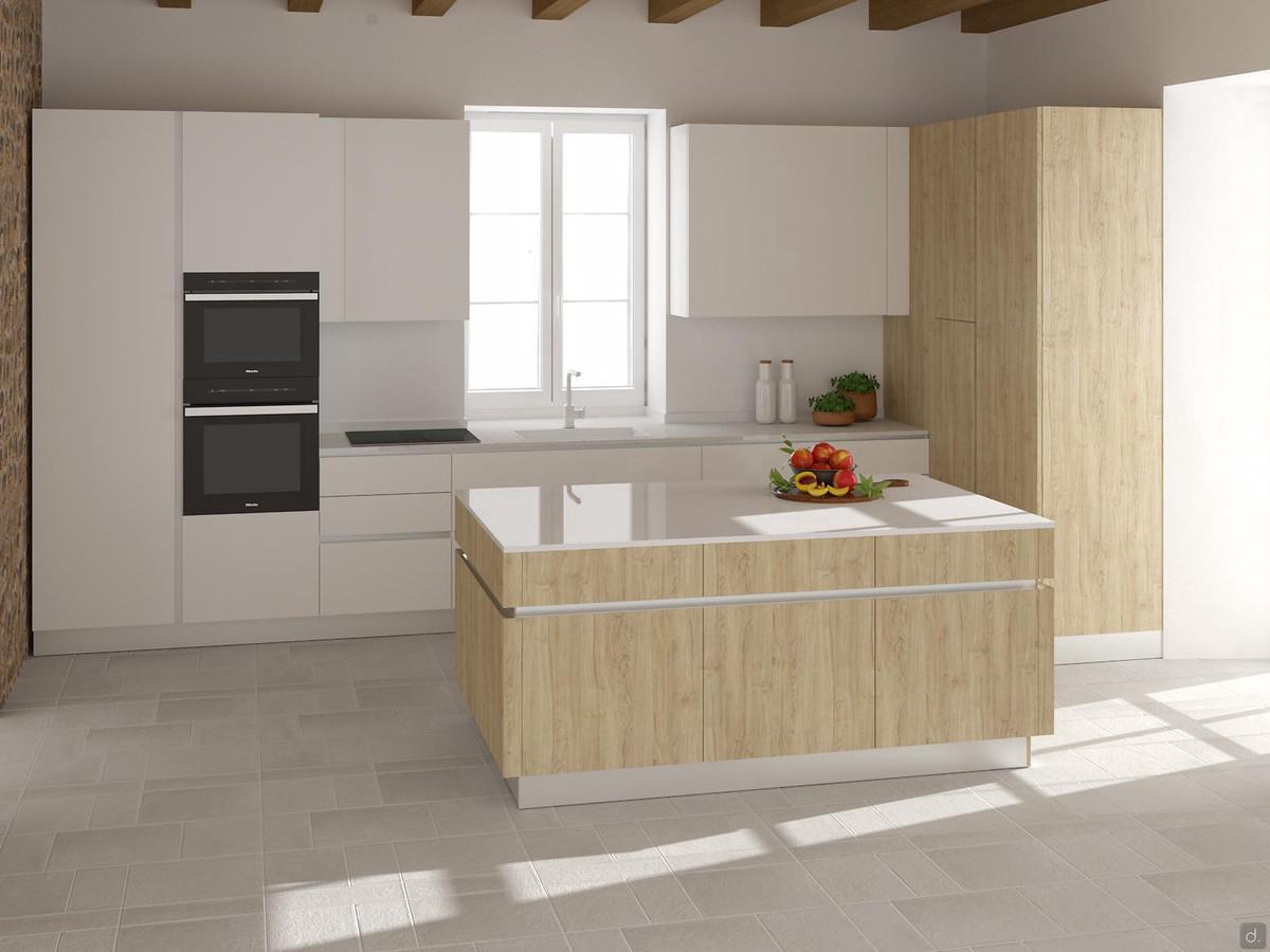 Corner kitchen project with island for 18 sqm room - render