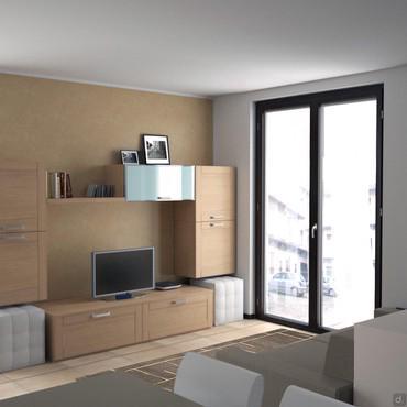 Progetto per zona living in open space - render zona soggiorno