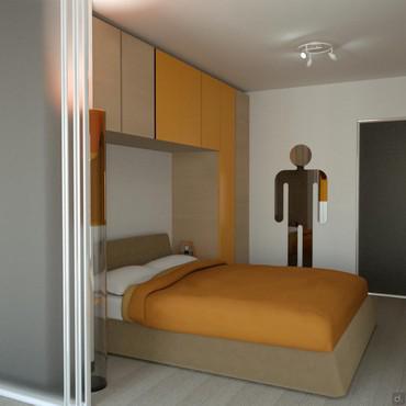 Design of a room with a bridge bed and closet - render