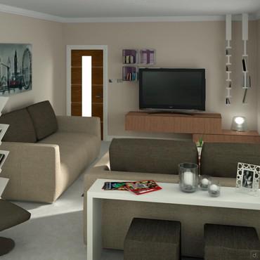 Furnishing a 25 sqm rectangular living room - side view - render