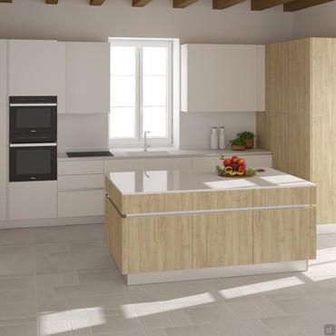 Corner kitchen project with island for 18 sqm room - render