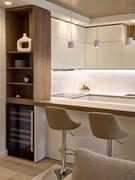 Kitchen peninsula detail with storage column and wine cellar.