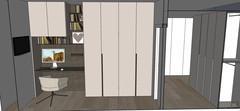 3D rendering of single bedroom wardrobe, with partial view of hallway.