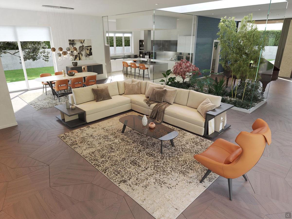 Open-plan living room with corner sofa and dining area