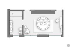 Rectangular plan of the bedroom with en suite bathroom. Top view of the furniture included in the project.