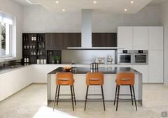 Corner kitchen in stainless steel and natural concrete Ash with high stools for snack counter