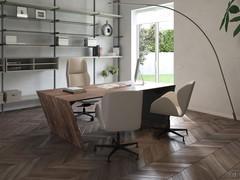 Home office with Canaletto walnut desk, modular bookcase and light leather armchairs