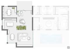 Plan of the villa: the living area with entrance hall, study, open-plan living/living room and kitchen