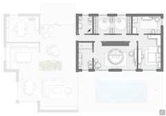 Plan of the villa: the sleeping area with master bedroom, guest room, dressing room and three bathrooms