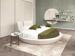 Master bedroom with round bed in Perla leather and matt lacquered Tortora sliding wardrobe