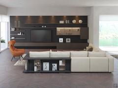 Living room with corner sofa, Papaya orange leather armchair and TV wall unit with wood panelling