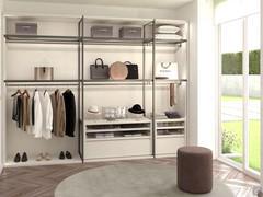 Doorless walk-in wardrobe with shelves, hanging space and open and closed storage compartments