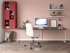 Study corner with minimal desk, lacquered wall unit, linear shelves and swivel chair