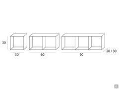 Schematics and dimensions of the three available Swan shelf models, from 30 to 90 cm wide in two depths