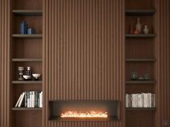 Living room set with Plissé decoration in tobacco oak and shelves in bronze metallic lacquer