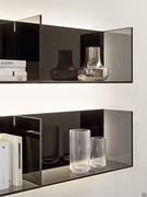 California shelf with side edge in clear smoked glass, featuring a black back-lacquered smoked glass back panel