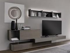 California TV stand with side-mounted shelves of the same name. Belonging to the same collection allows for matching finishes and colours