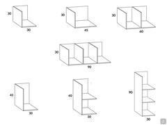 California shelf with side edge - Diagrams of horizontal and vertical wooden models