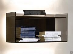 Detail view of the California shelf in smoked black glass.  Available in three versions and two widths, it is shown here in the 60 cm model with top tray 